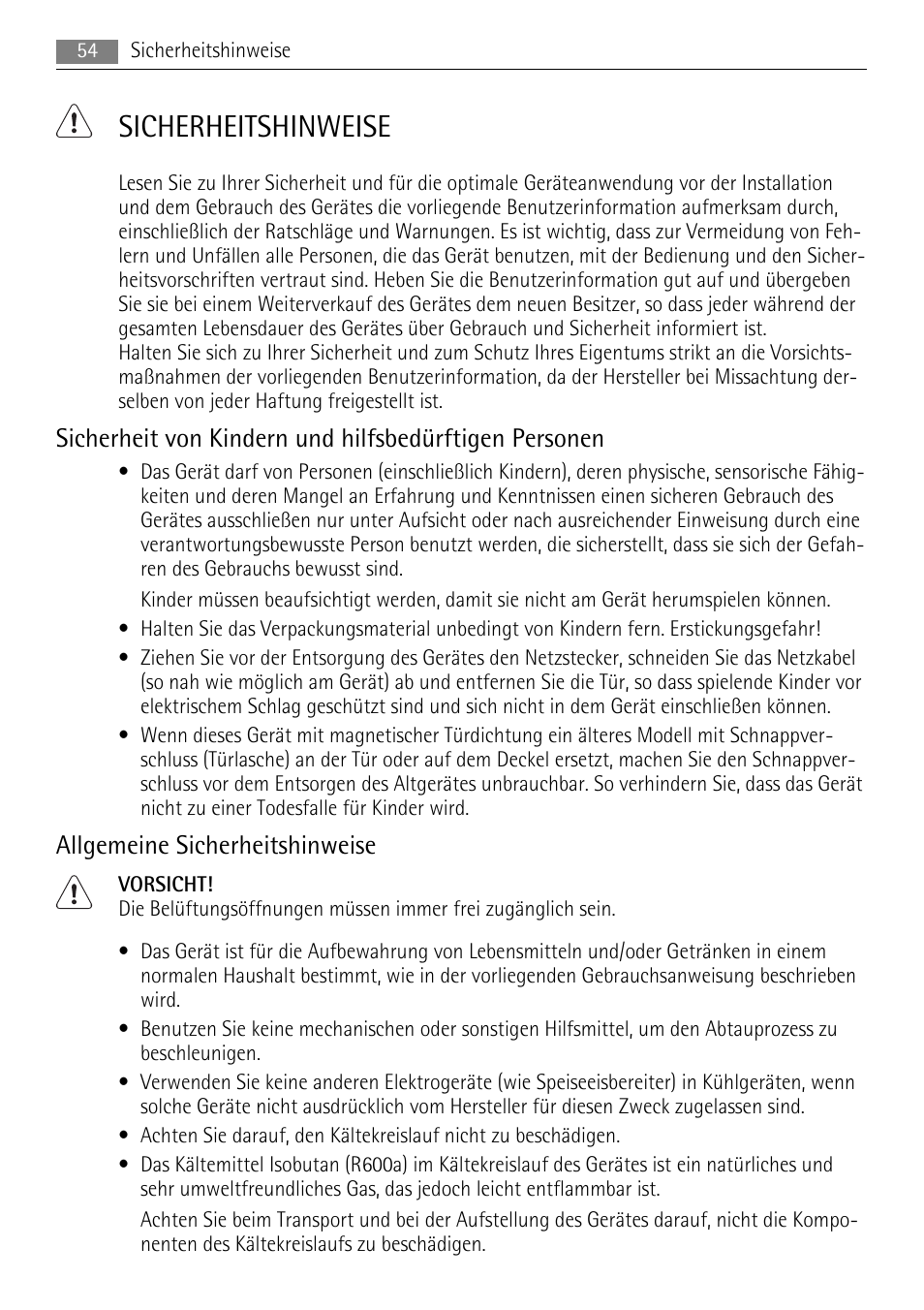Sicherheitshinweise, Allgemeine sicherheitshinweise | AEG S71708TSW0 User Manual | Page 54 / 72