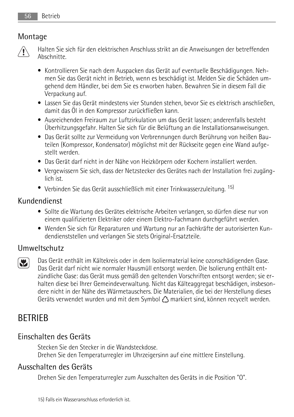 Betrieb, Montage, Kundendienst | Umweltschutz, Einschalten des geräts, Ausschalten des geräts | AEG S71708TSW0 User Manual | Page 56 / 72