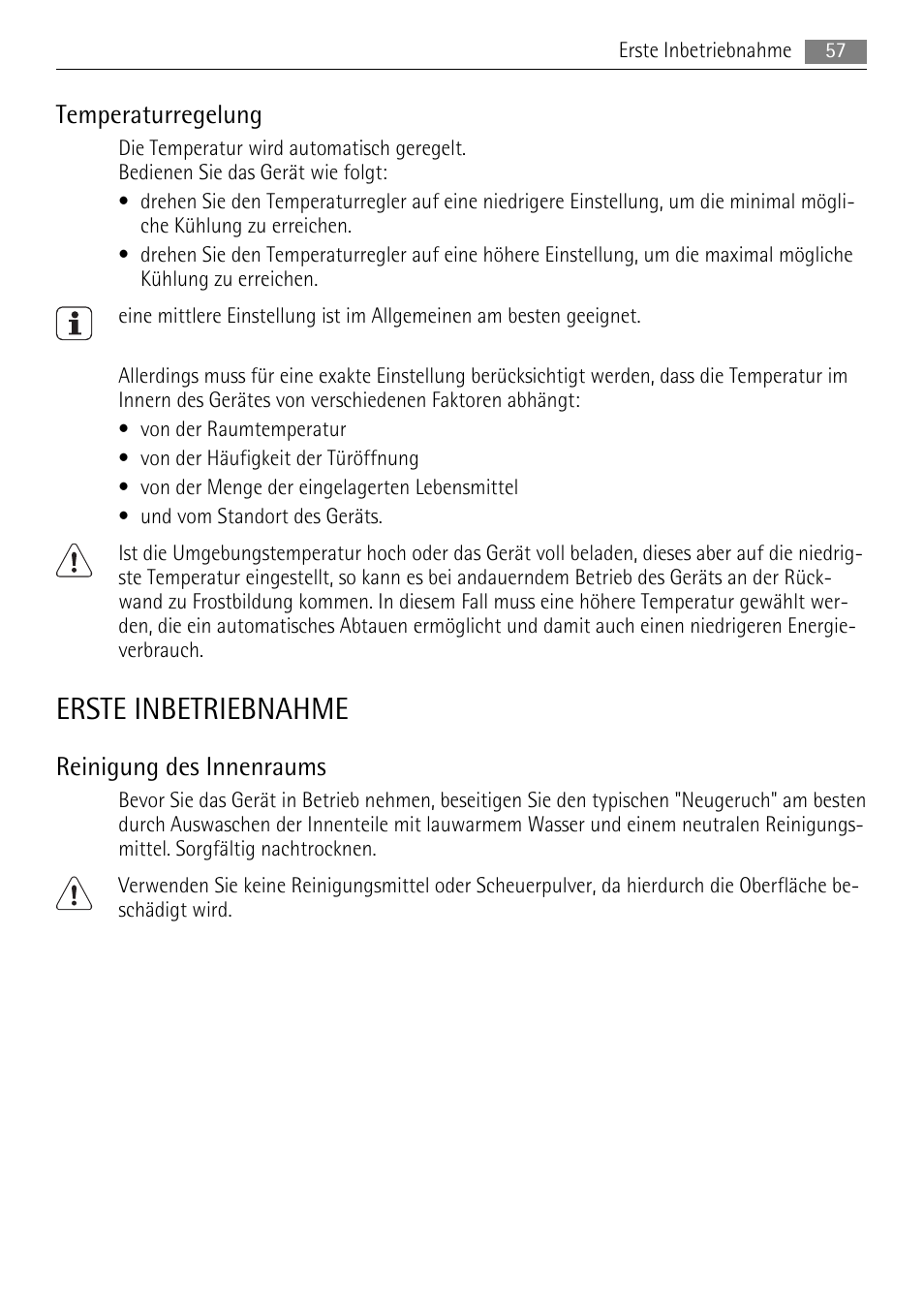 Erste inbetriebnahme, Temperaturregelung, Reinigung des innenraums | AEG S71708TSW0 User Manual | Page 57 / 72
