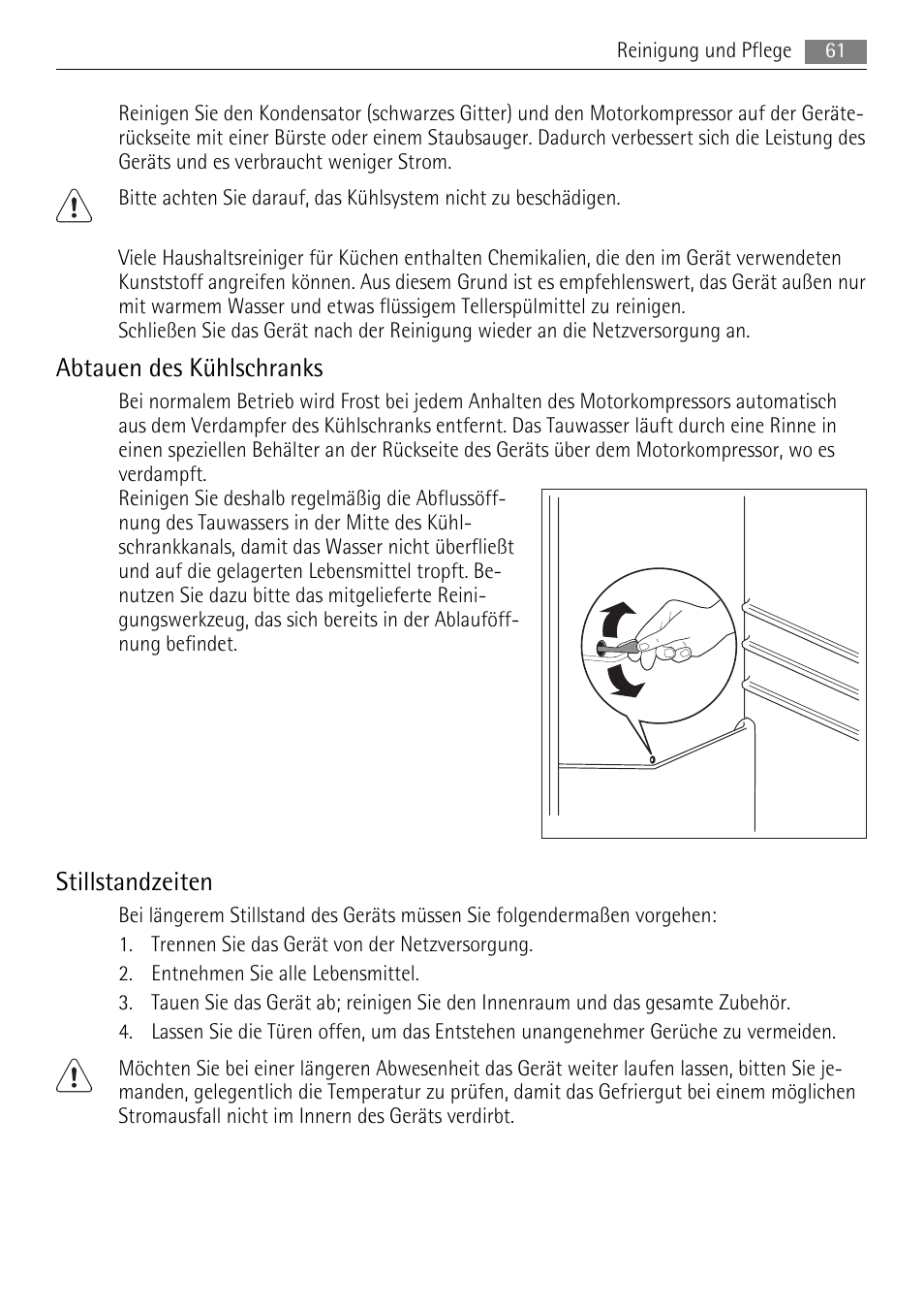 Abtauen des kühlschranks, Stillstandzeiten | AEG S71708TSW0 User Manual | Page 61 / 72