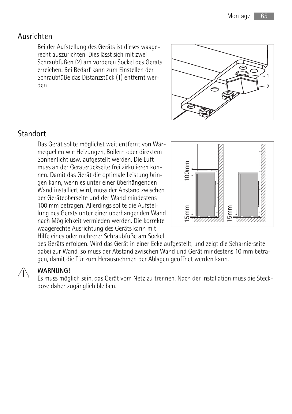 Ausrichten, Standort | AEG S71708TSW0 User Manual | Page 65 / 72