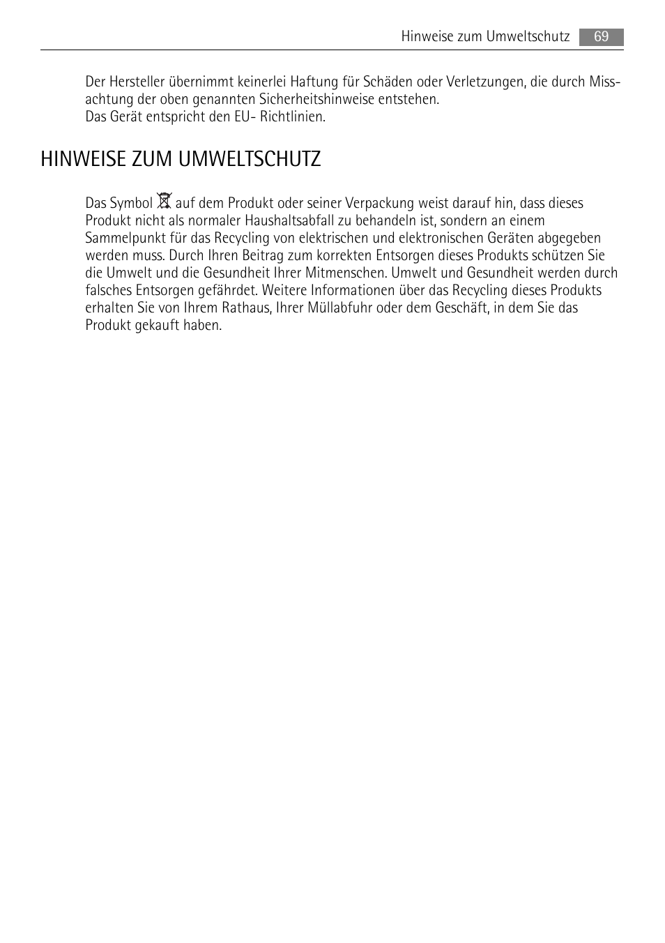Hinweise zum umweltschutz | AEG S71708TSW0 User Manual | Page 69 / 72