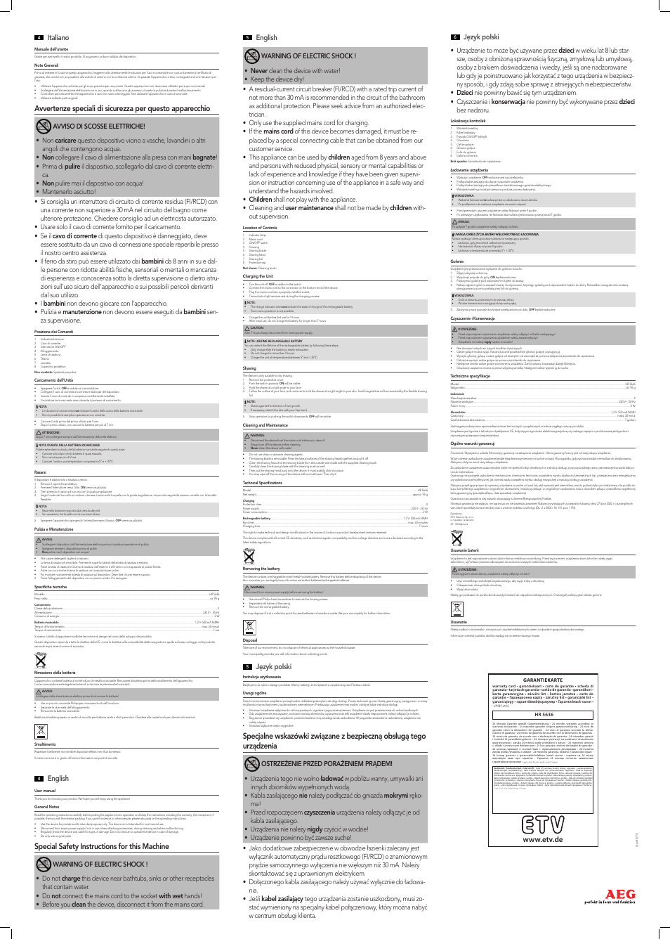 Special safety instructions for this machine, Italiano, Język polski | English | AEG HR 5636 User Manual | Page 2 / 2