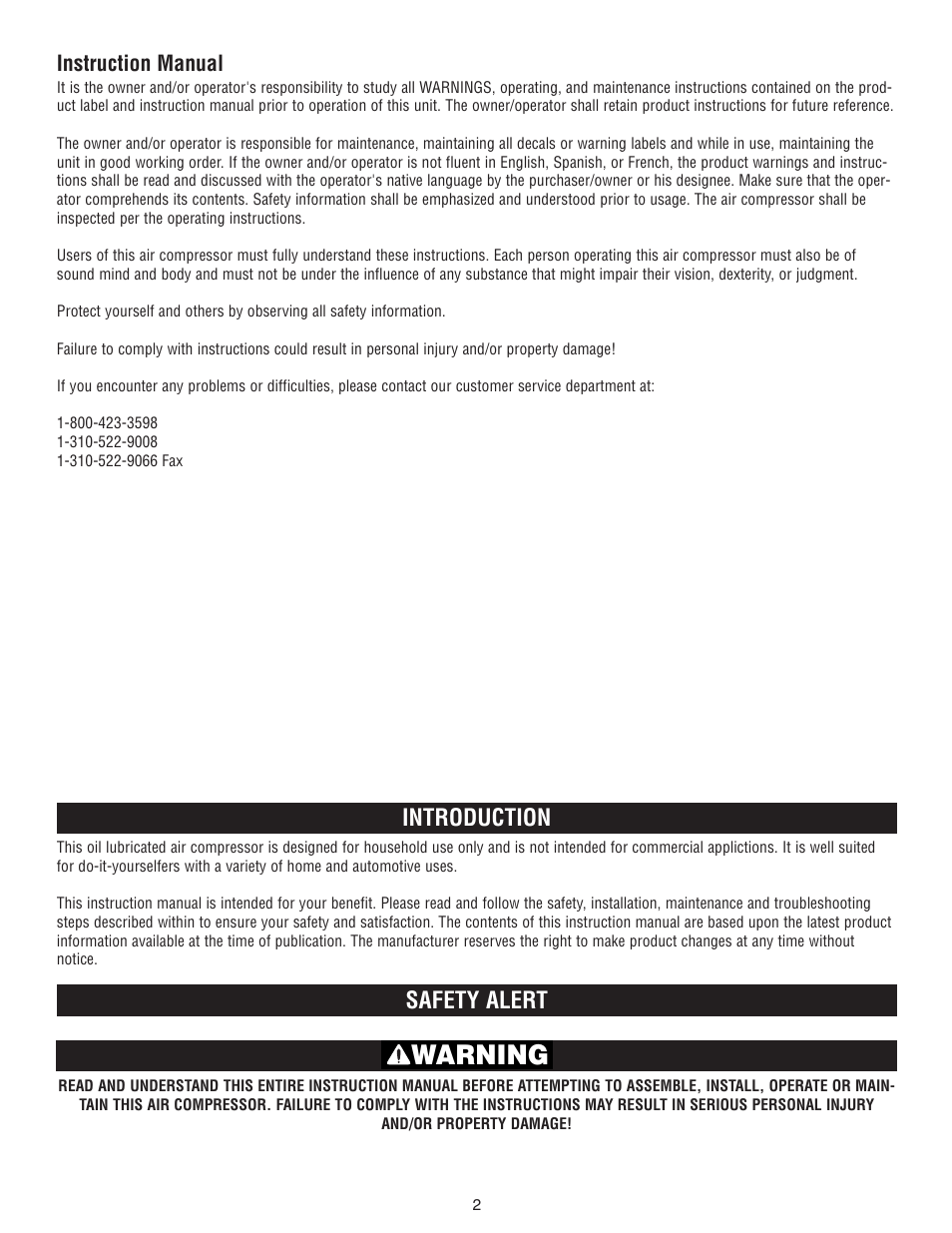 Warning, Introduction, Safety alert | Instruction manual | AllTrade 540010 User Manual | Page 2 / 16