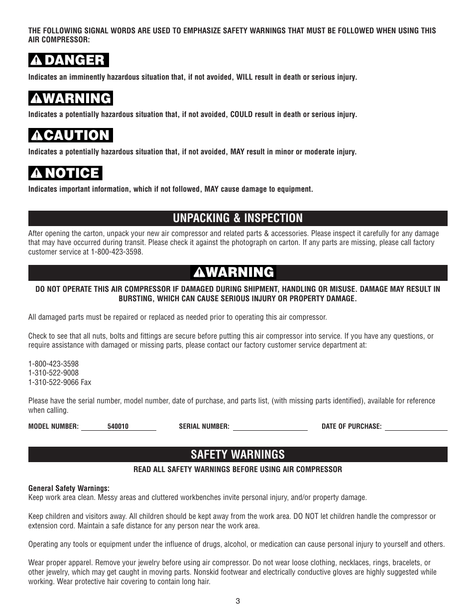 Danger warning caution notice warning, Unpacking & inspection, Safety warnings | AllTrade 540010 User Manual | Page 3 / 16