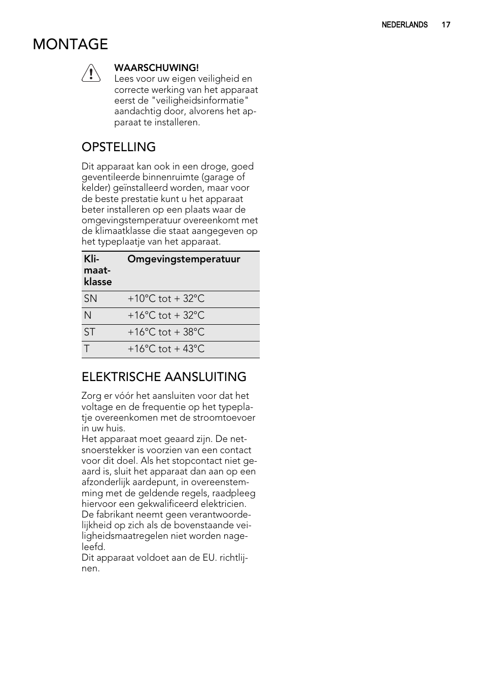 Montage, Opstelling, Elektrische aansluiting | AEG AGS57200S0 User Manual | Page 17 / 76