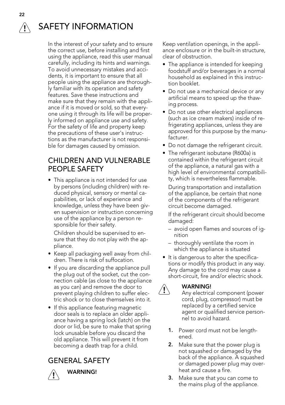 Safety information, Children and vulnerable people safety, General safety | AEG AGS57200S0 User Manual | Page 22 / 76