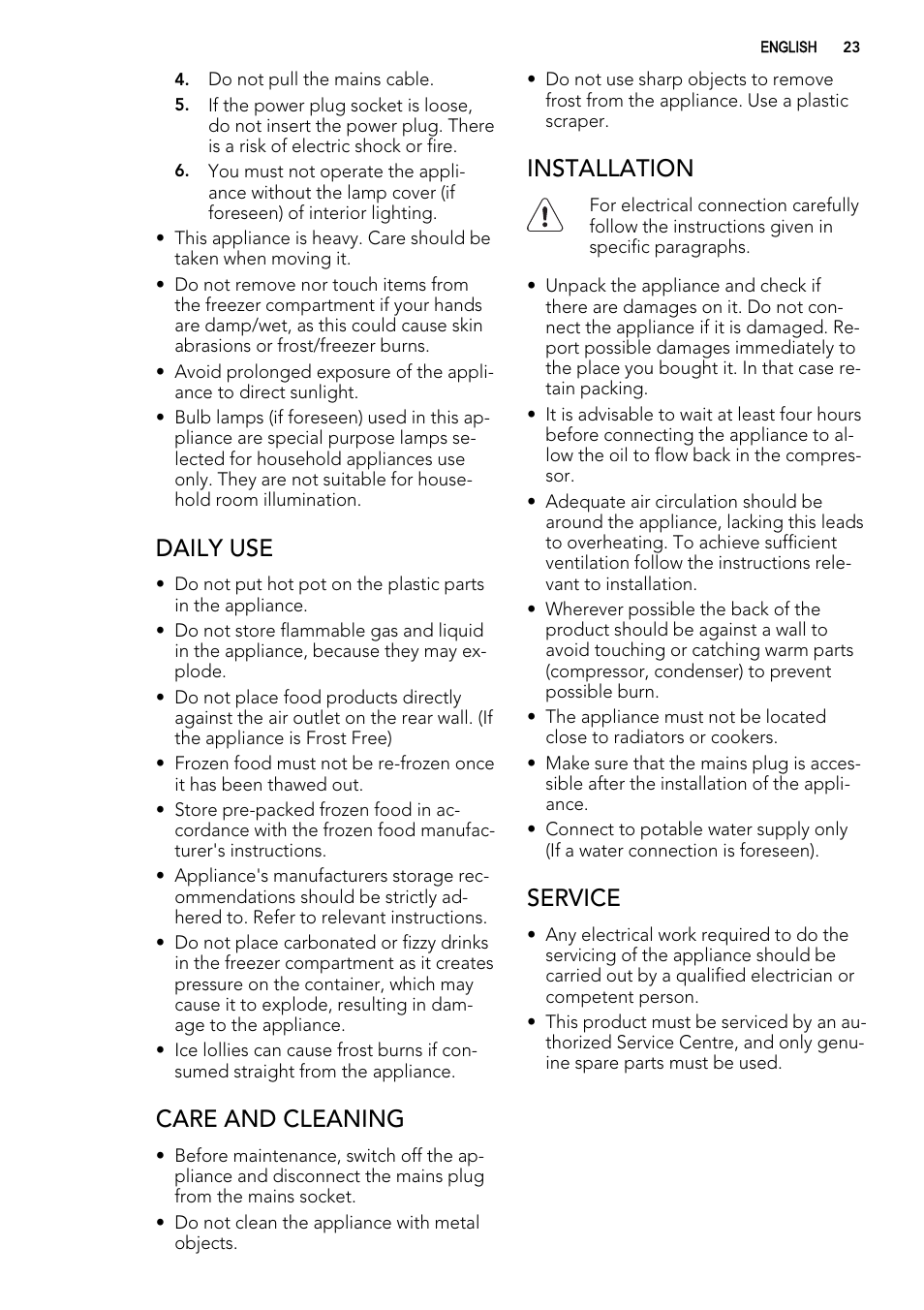 Daily use, Care and cleaning, Installation | Service | AEG AGS57200S0 User Manual | Page 23 / 76