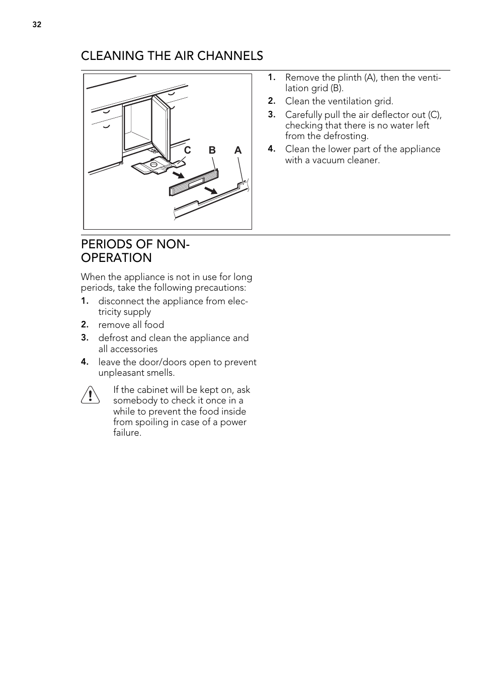 Cleaning the air channels, Periods of non- operation | AEG AGS57200S0 User Manual | Page 32 / 76