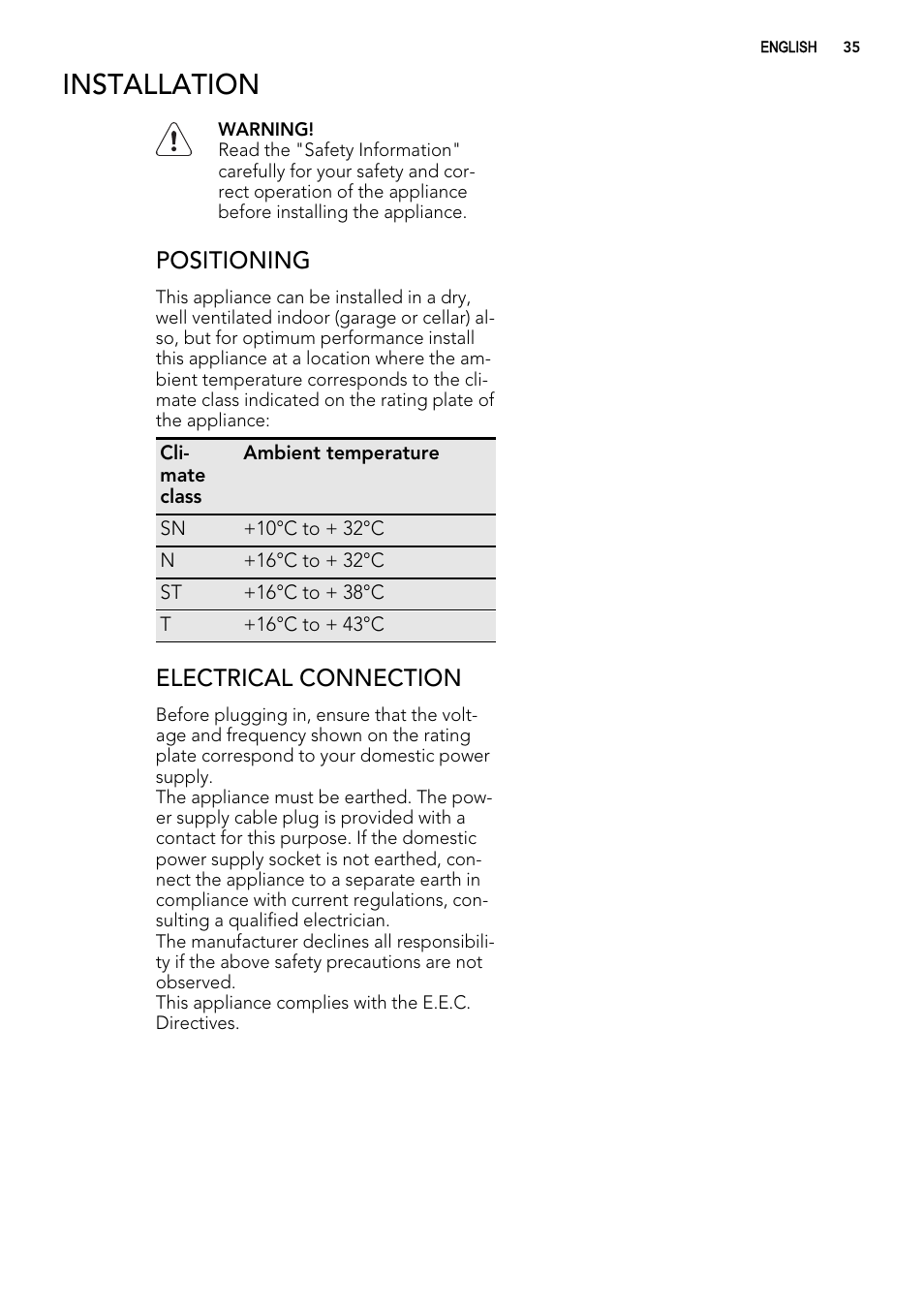Installation, Positioning, Electrical connection | AEG AGS57200S0 User Manual | Page 35 / 76