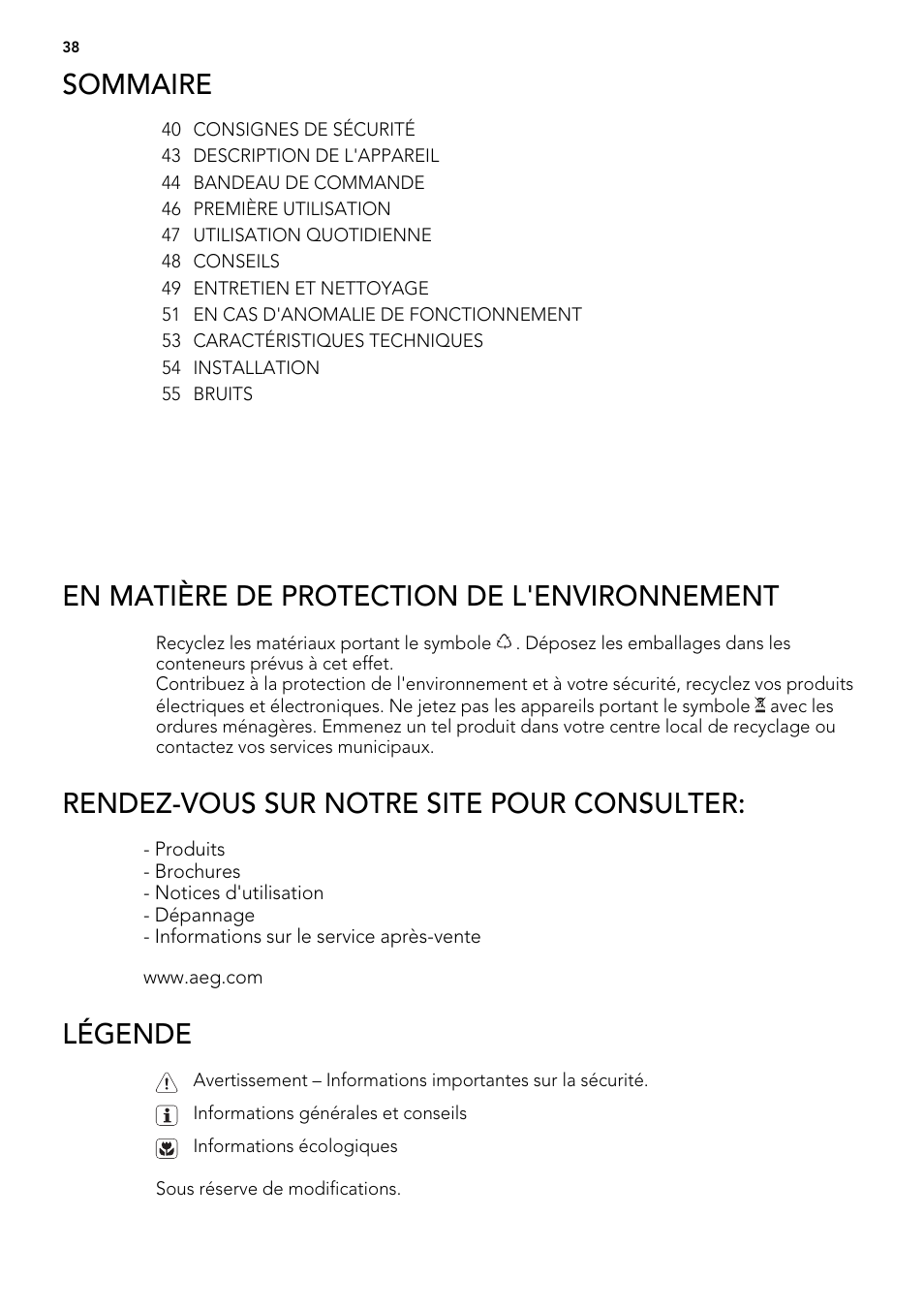 Sommaire, En matière de protection de l'environnement, Rendez-vous sur notre site pour consulter | Légende | AEG AGS57200S0 User Manual | Page 38 / 76