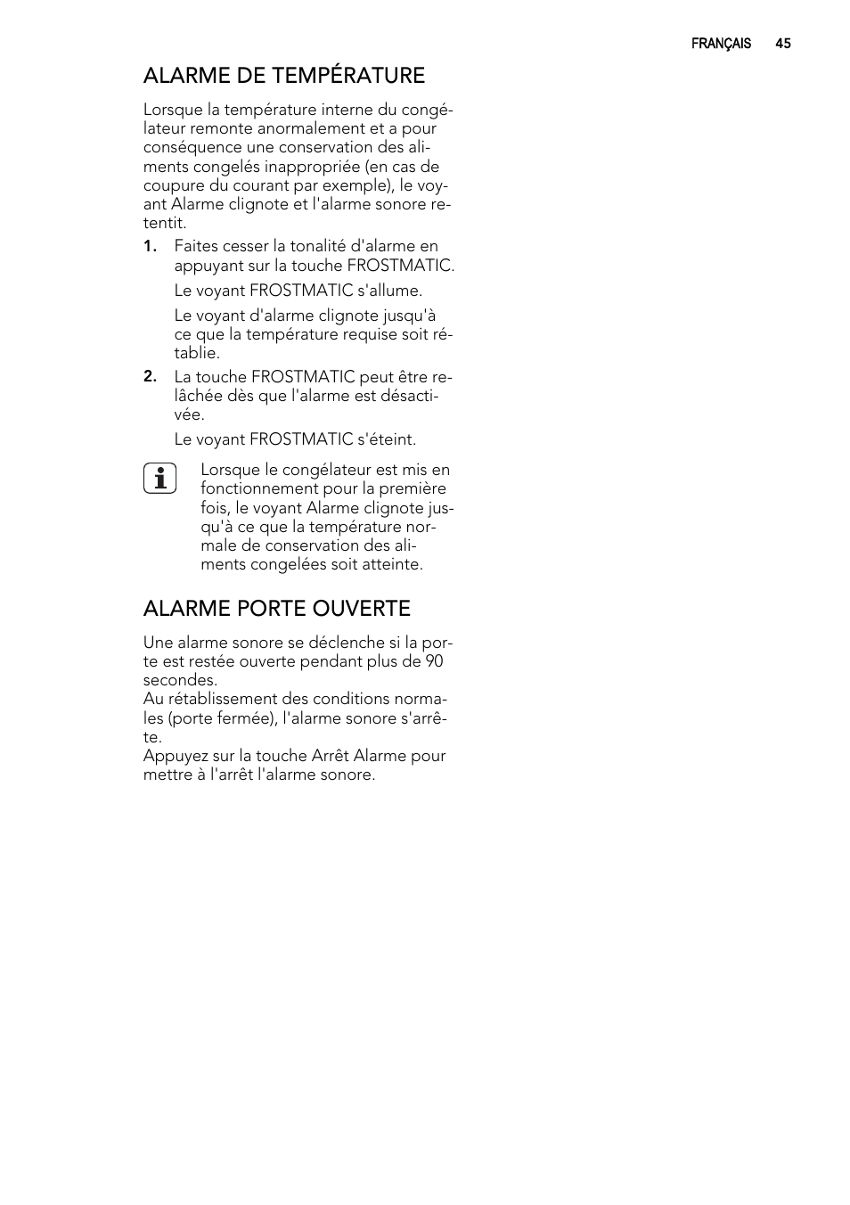 Alarme de température, Alarme porte ouverte | AEG AGS57200S0 User Manual | Page 45 / 76