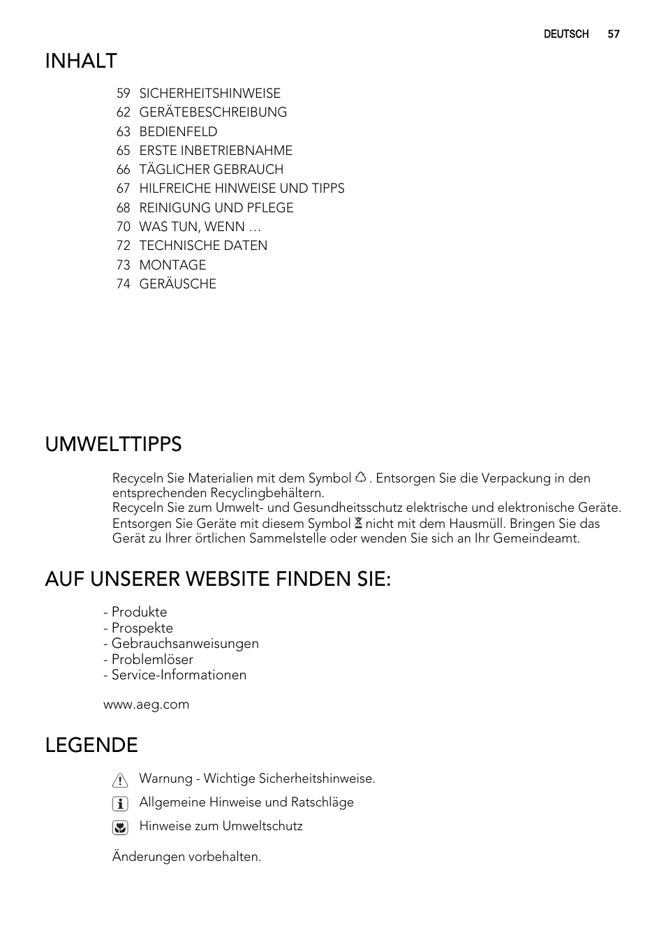 Inhalt, Umwelttipps, Auf unserer website finden sie | Legende | AEG AGS57200S0 User Manual | Page 57 / 76