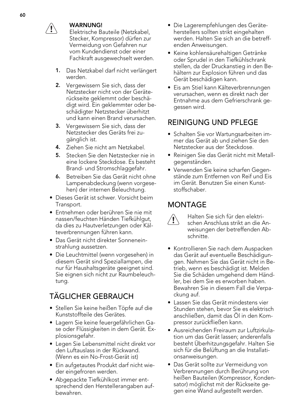 Täglicher gebrauch, Reinigung und pflege, Montage | AEG AGS57200S0 User Manual | Page 60 / 76