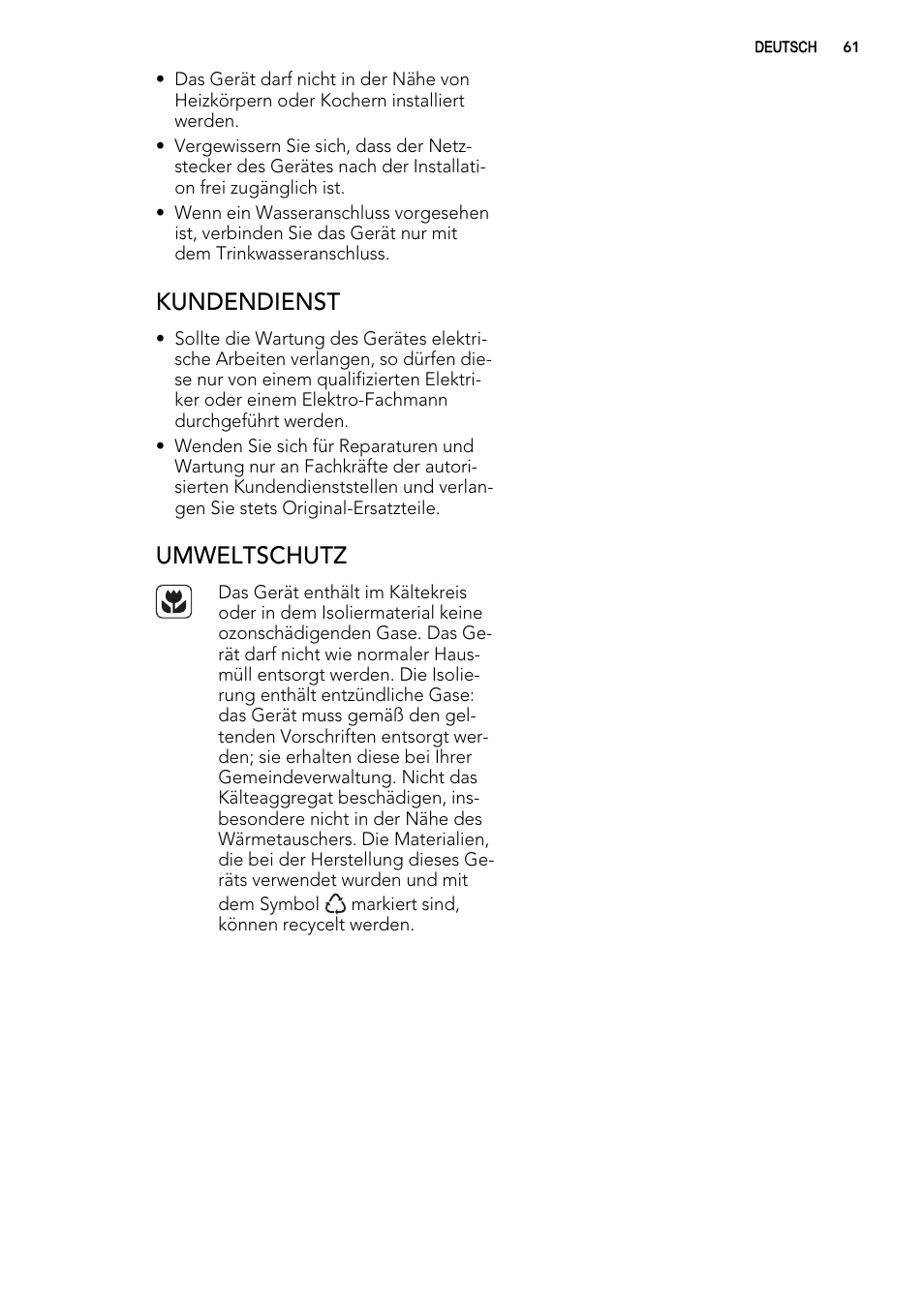 Kundendienst, Umweltschutz | AEG AGS57200S0 User Manual | Page 61 / 76