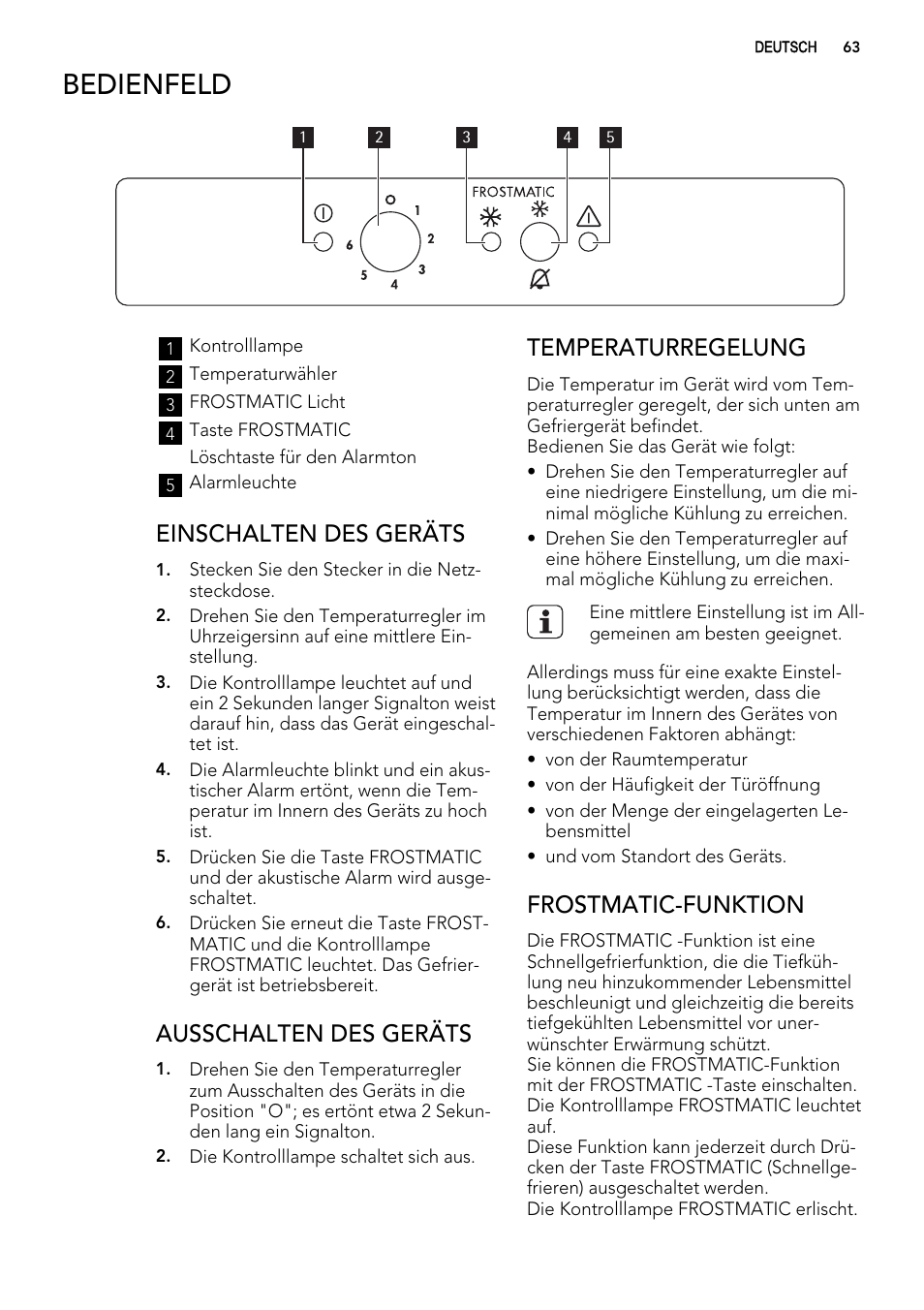 Bedienfeld, Einschalten des geräts, Ausschalten des geräts | Temperaturregelung, Frostmatic-funktion | AEG AGS57200S0 User Manual | Page 63 / 76