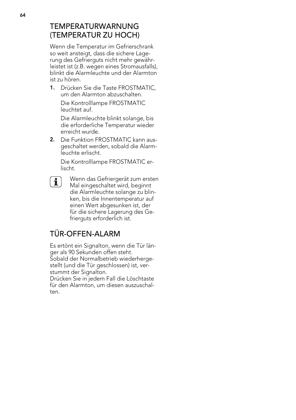 Temperaturwarnung (temperatur zu hoch), Tür-offen-alarm | AEG AGS57200S0 User Manual | Page 64 / 76