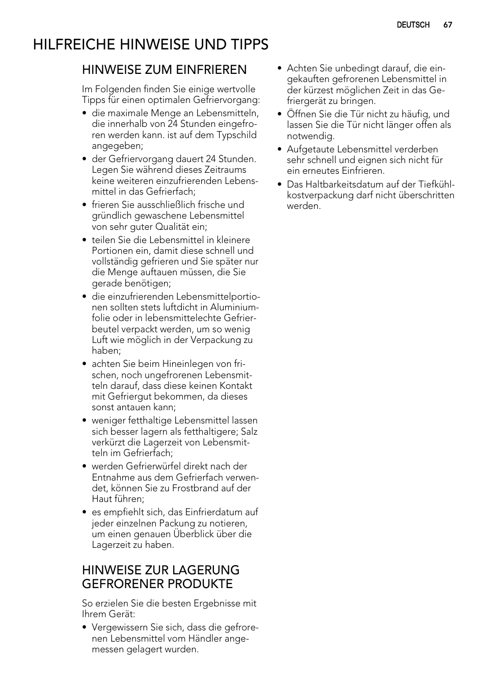 Hilfreiche hinweise und tipps, Hinweise zum einfrieren, Hinweise zur lagerung gefrorener produkte | AEG AGS57200S0 User Manual | Page 67 / 76