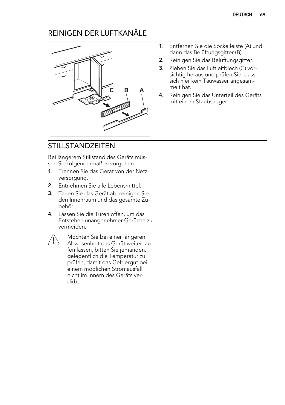 Reinigen der luftkanäle, Stillstandzeiten | AEG AGS57200S0 User Manual | Page 69 / 76