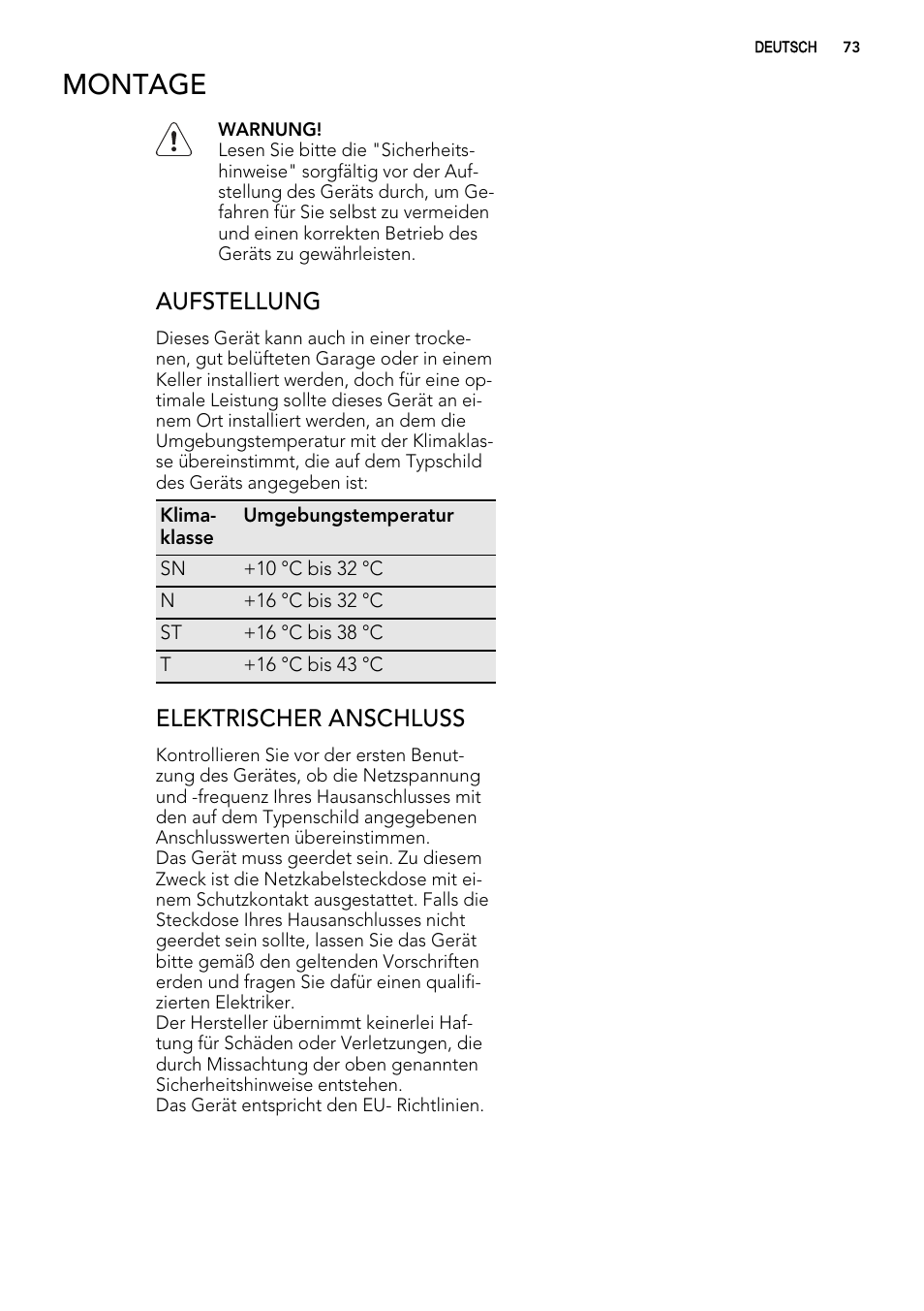 Montage, Aufstellung, Elektrischer anschluss | AEG AGS57200S0 User Manual | Page 73 / 76