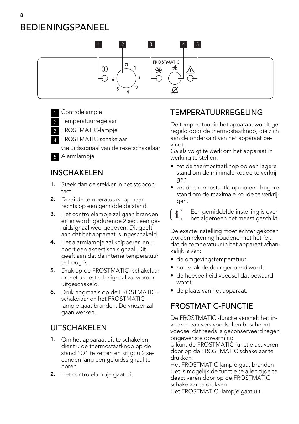 Bedieningspaneel, Inschakelen, Uitschakelen | Temperatuurregeling, Frostmatic-functie | AEG AGS57200S0 User Manual | Page 8 / 76