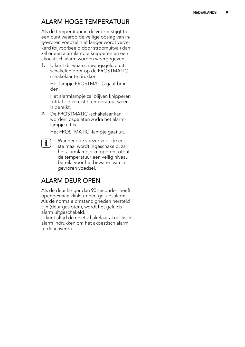 Alarm hoge temperatuur, Alarm deur open | AEG AGS57200S0 User Manual | Page 9 / 76