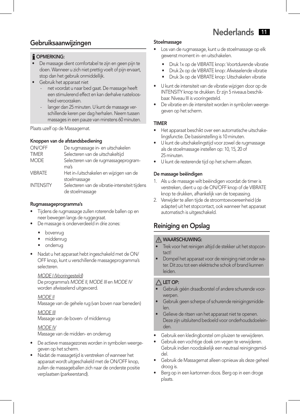 Nederlands, Gebruiksaanwijzingen, Reiniging en opslag | AEG MM 5634 User Manual | Page 11 / 60