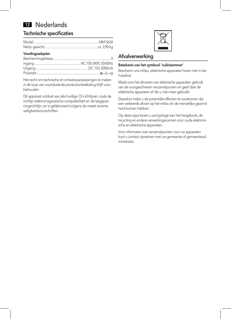 Nederlands | AEG MM 5634 User Manual | Page 12 / 60