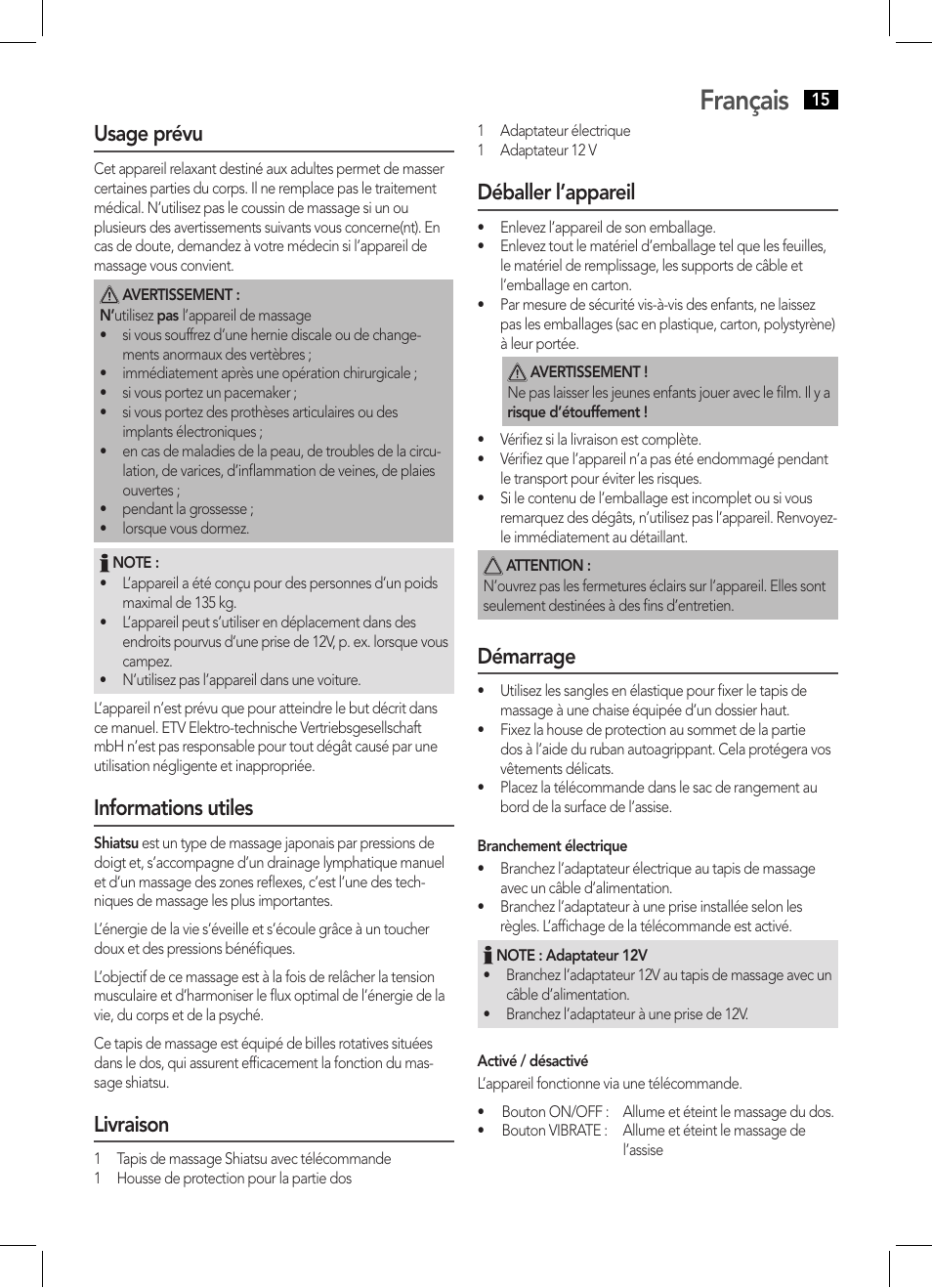 Français, Usage prévu, Informations utiles | Livraison, Déballer l’appareil, Démarrage | AEG MM 5634 User Manual | Page 15 / 60