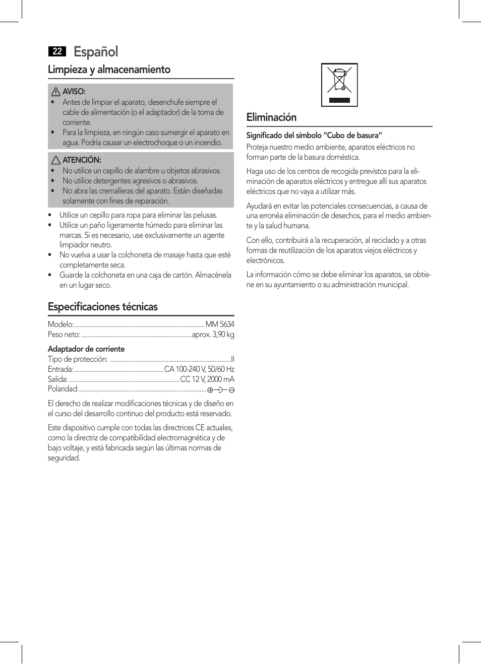 Español, Limpieza y almacenamiento, Especificaciones técnicas | Eliminación | AEG MM 5634 User Manual | Page 22 / 60