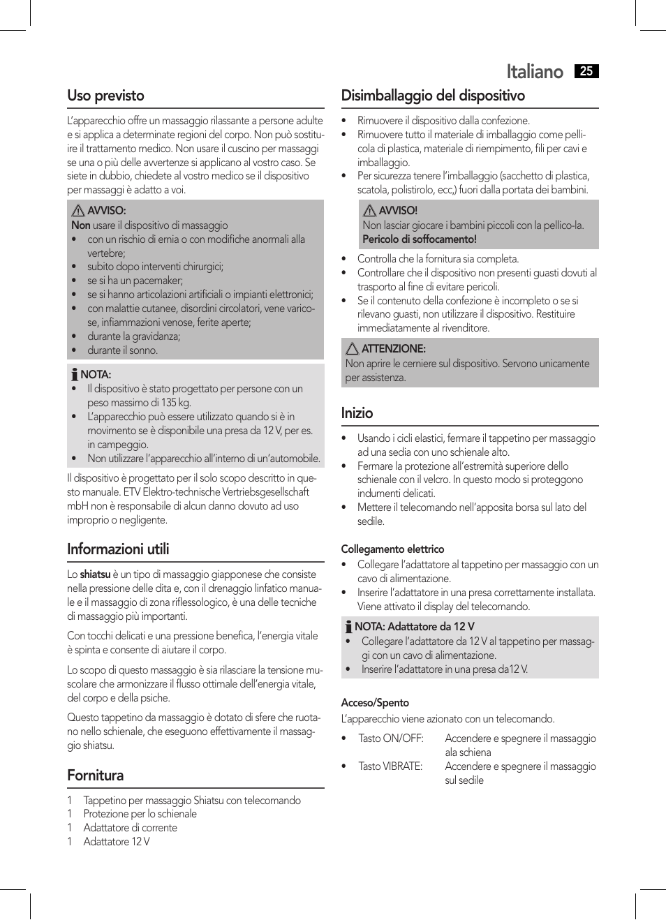 Italiano, Uso previsto, Informazioni utili | Fornitura, Disimballaggio del dispositivo, Inizio | AEG MM 5634 User Manual | Page 25 / 60