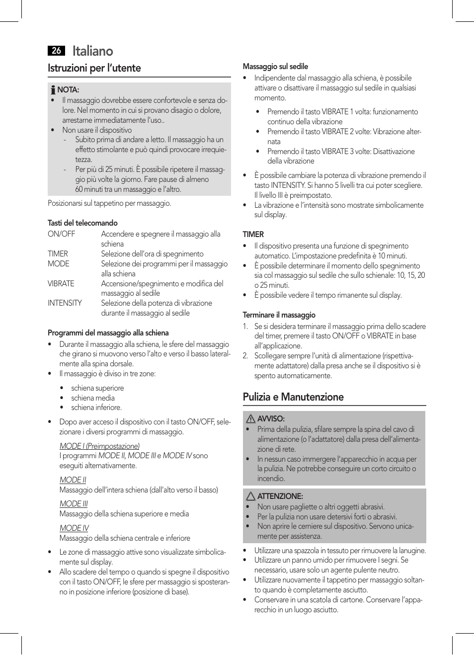 Italiano, Istruzioni per l‘utente, Pulizia e manutenzione | AEG MM 5634 User Manual | Page 26 / 60