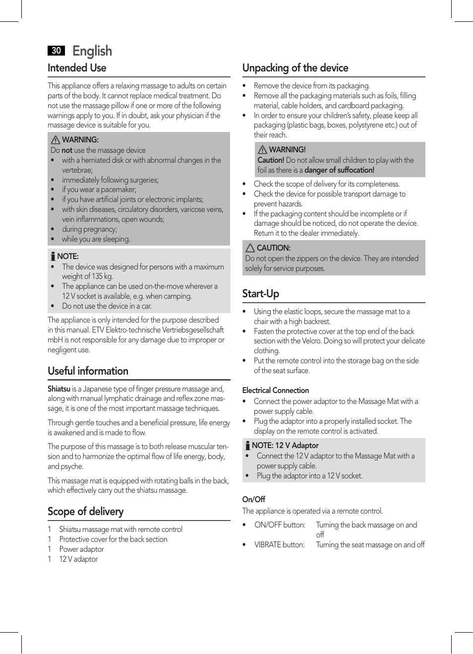 English, Intended use, Useful information | Scope of delivery, Unpacking of the device, Start-up | AEG MM 5634 User Manual | Page 30 / 60