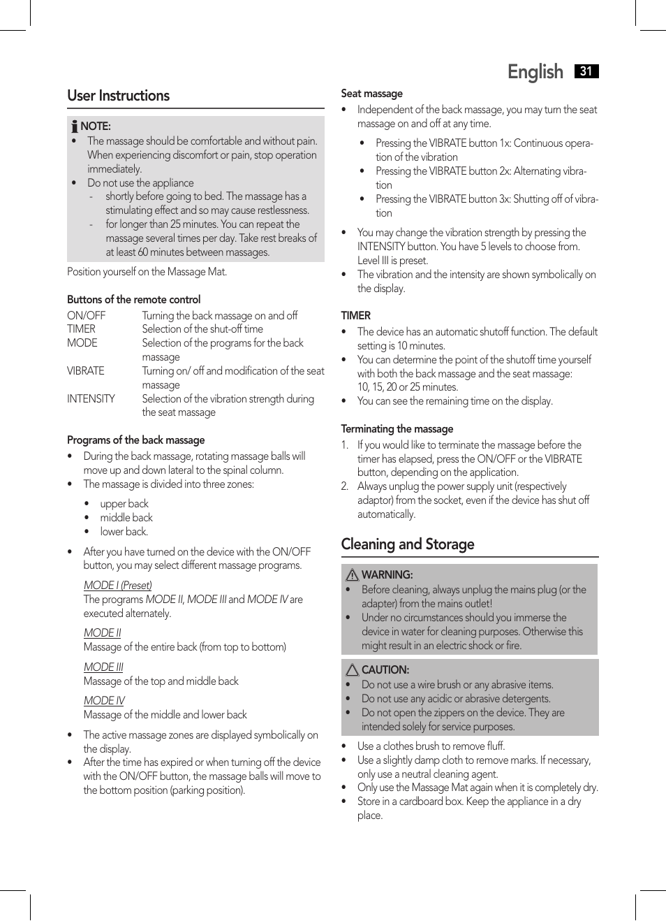 English, User instructions, Cleaning and storage | AEG MM 5634 User Manual | Page 31 / 60