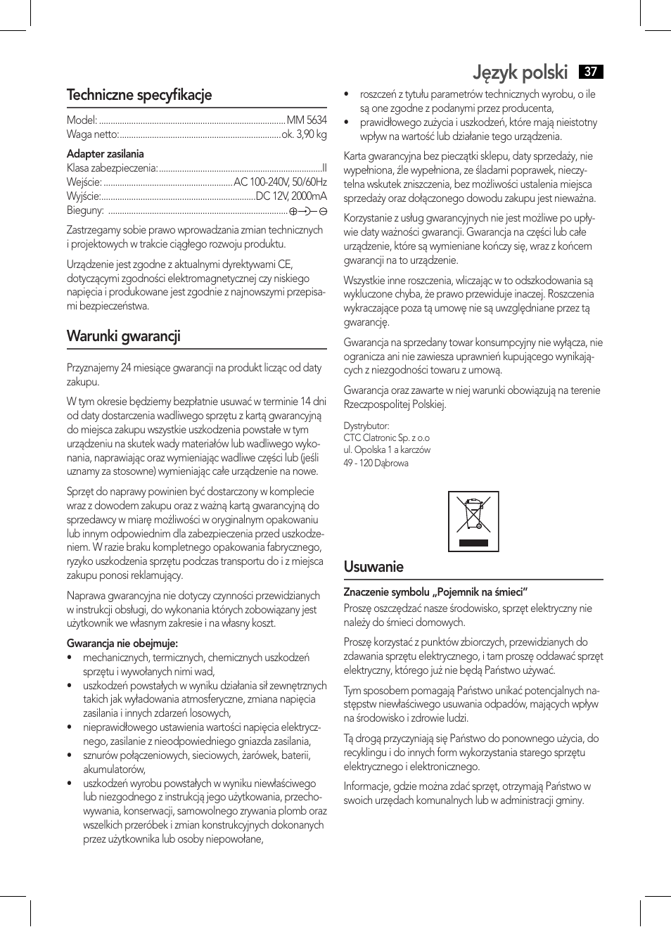 Język polski, Techniczne specyfikacje, Warunki gwarancji | Usuwanie | AEG MM 5634 User Manual | Page 37 / 60