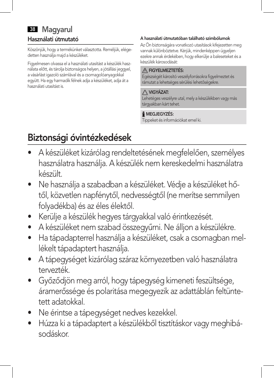 Biztonsági óvintézkedések | AEG MM 5634 User Manual | Page 38 / 60