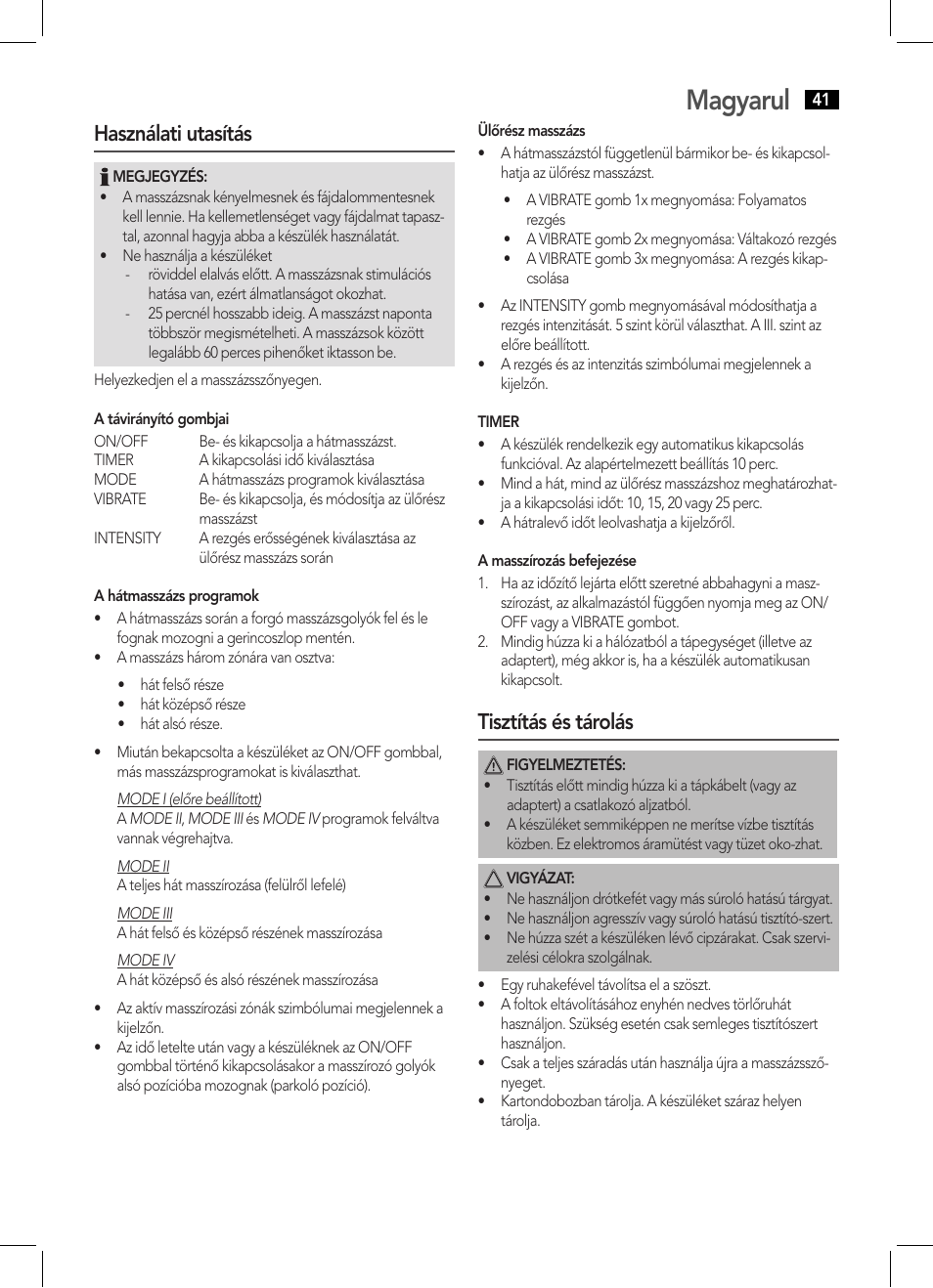 Magyarul, Használati utasítás, Tisztítás és tárolás | AEG MM 5634 User Manual | Page 41 / 60