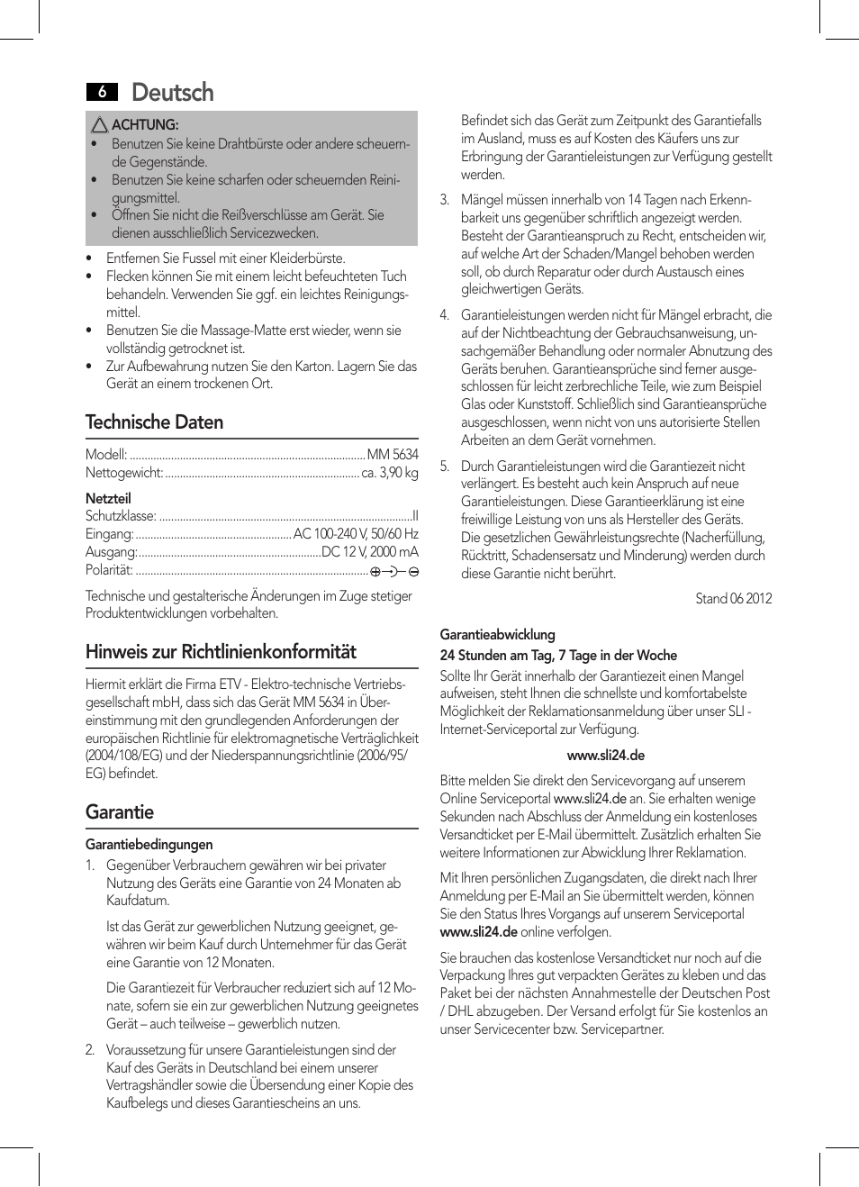 Deutsch, Technische daten, Hinweis zur richtlinienkonformität | Garantie | AEG MM 5634 User Manual | Page 6 / 60