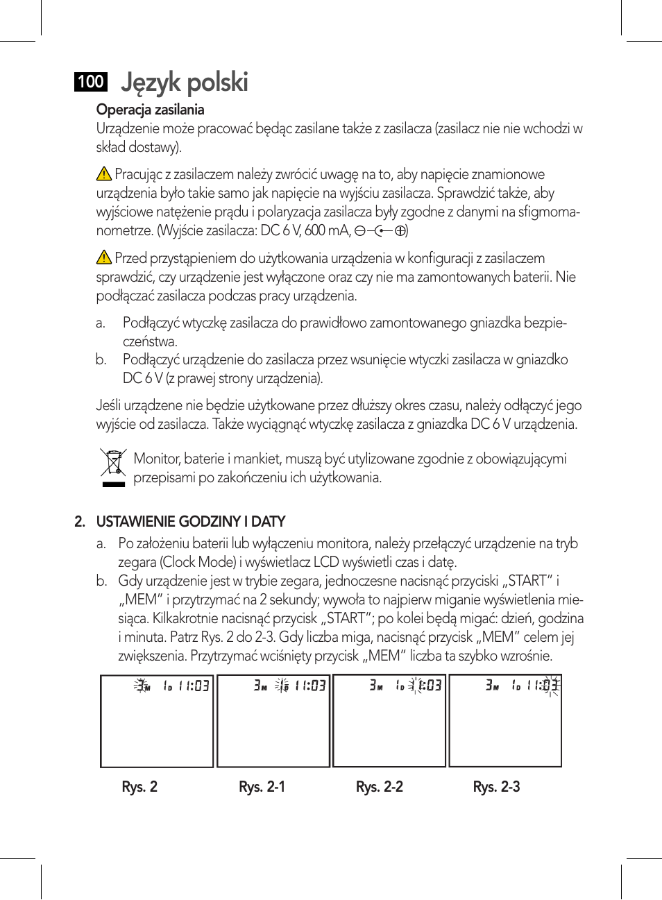 Ustawienie godziny i daty, Podłączanie mankietu do monitora, Język polski | AEG BMG 5612 User Manual | Page 100 / 166