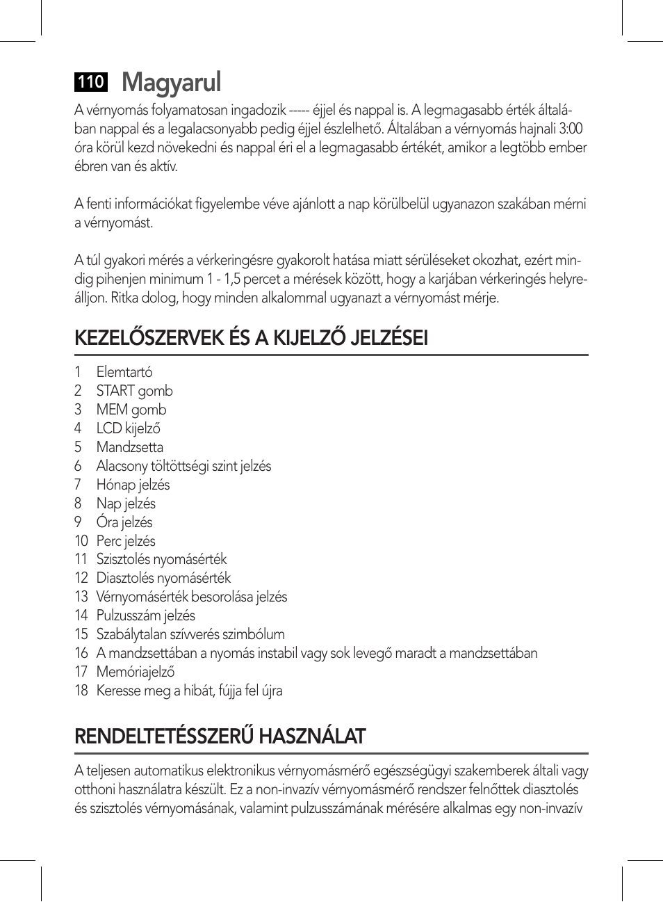 Magyarul, Kezelőszervek és a kijelző jelzései, Rendeltetésszerű használat | AEG BMG 5612 User Manual | Page 110 / 166