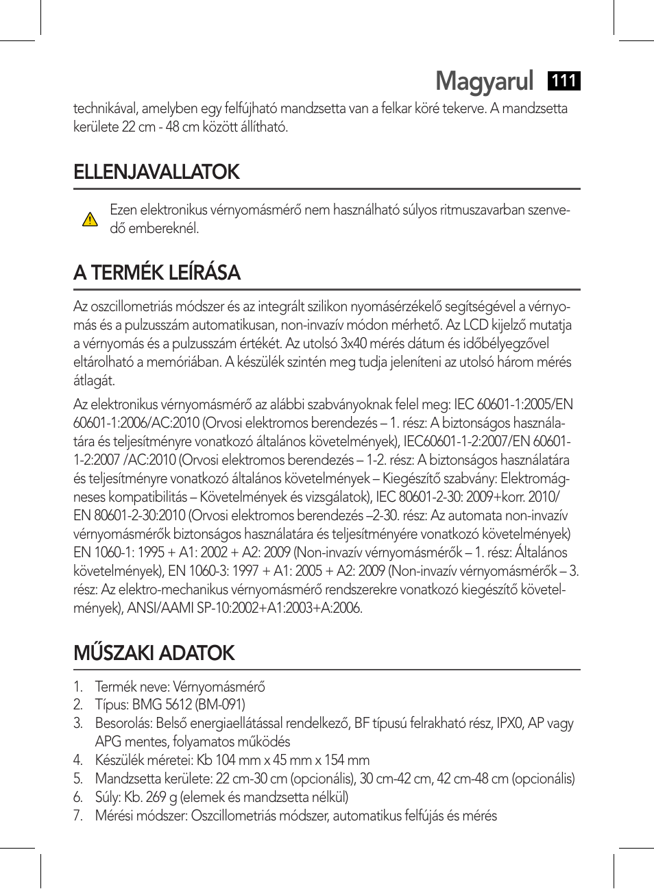 Ellenjavallatok a termék leírása műszaki adatok, Magyarul, Ellenjavallatok | A termék leírása, Műszaki adatok | AEG BMG 5612 User Manual | Page 111 / 166