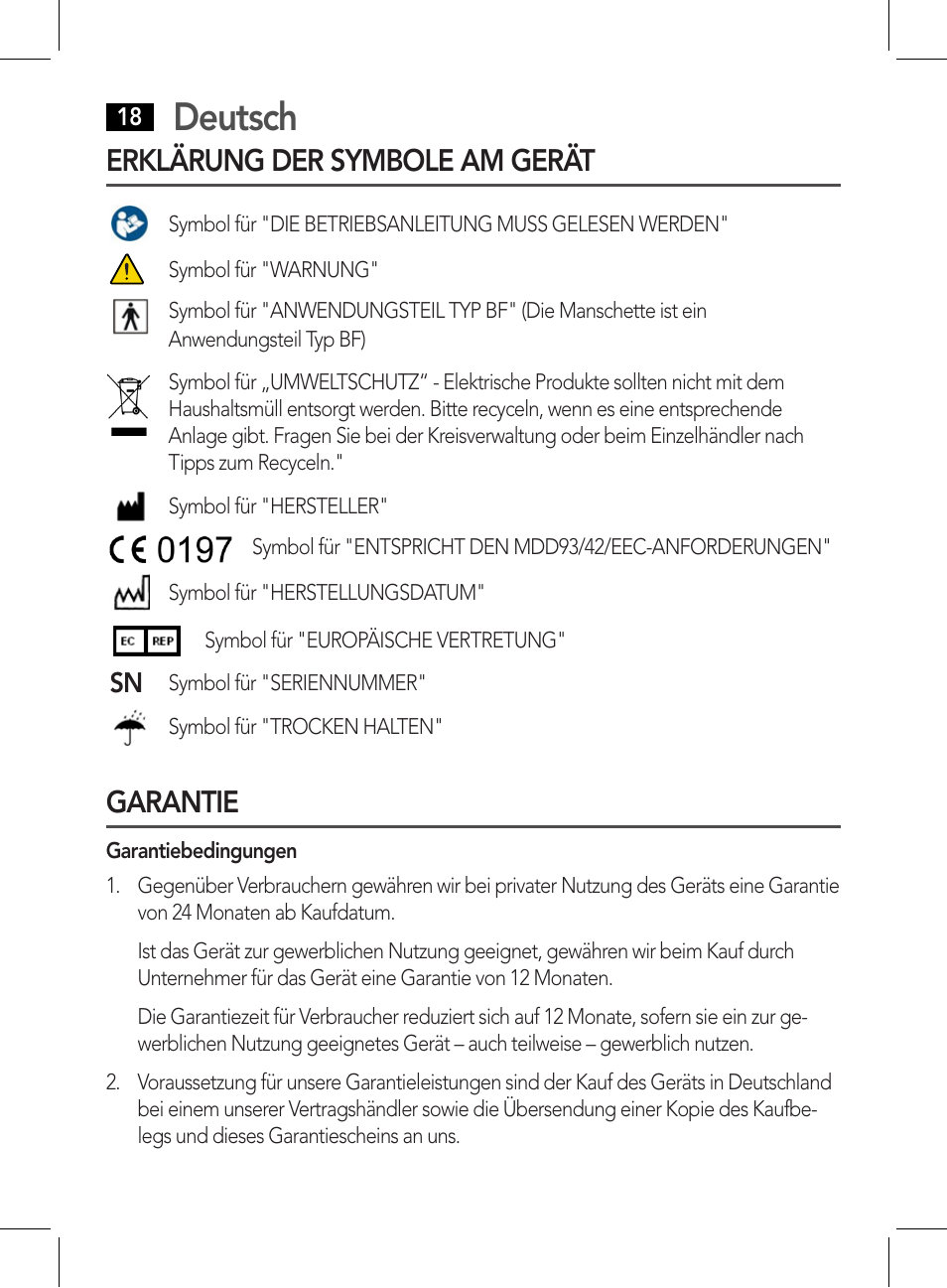 Deutsch, Erklärung der symbole am gerät, Garantie | AEG BMG 5612 User Manual | Page 18 / 166