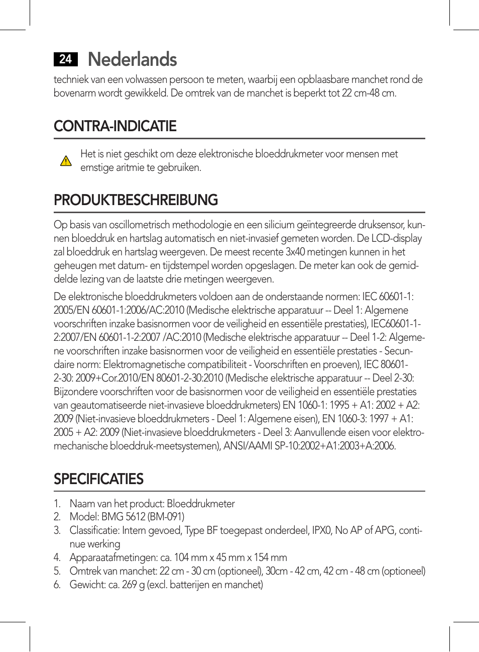 Contra-indicatie produktbeschreibung specificaties, Nederlands, Contra-indicatie | Produktbeschreibung, Specificaties | AEG BMG 5612 User Manual | Page 24 / 166