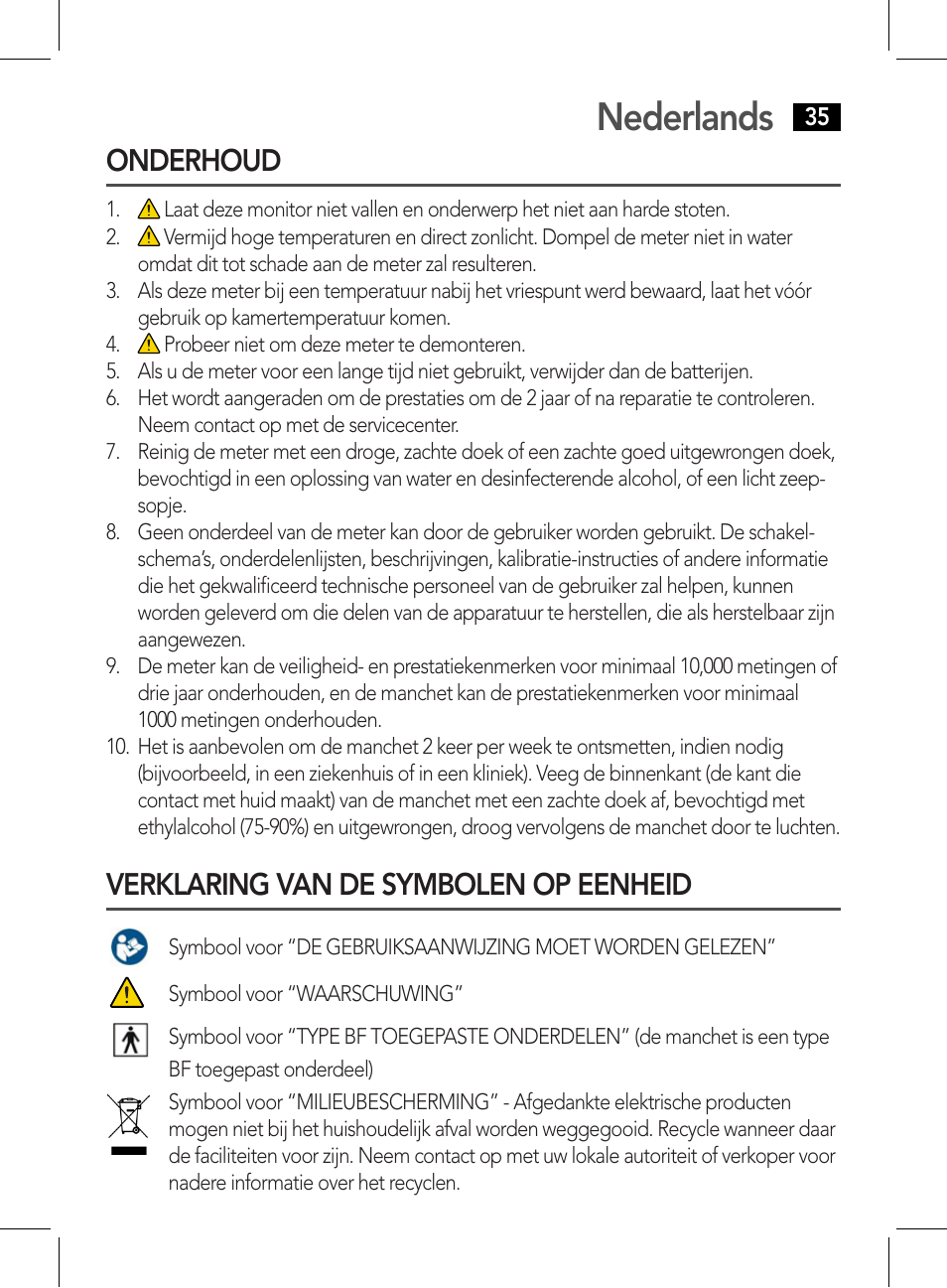 Verklaring van de symbolen op eenheid, Nederlands, Onderhoud | AEG BMG 5612 User Manual | Page 35 / 166