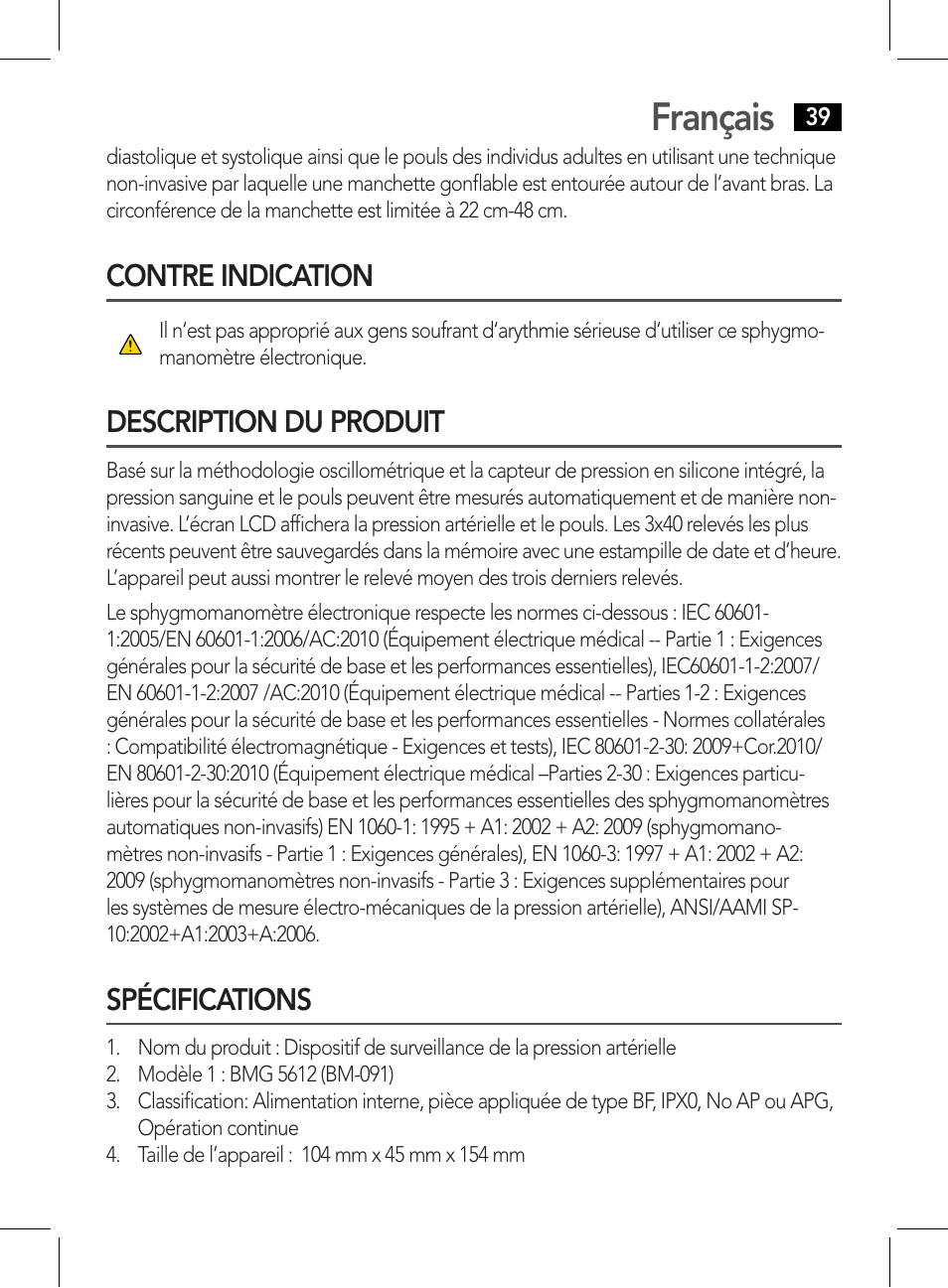 Français, Contre indication, Description du produit | Spécifications | AEG BMG 5612 User Manual | Page 39 / 166