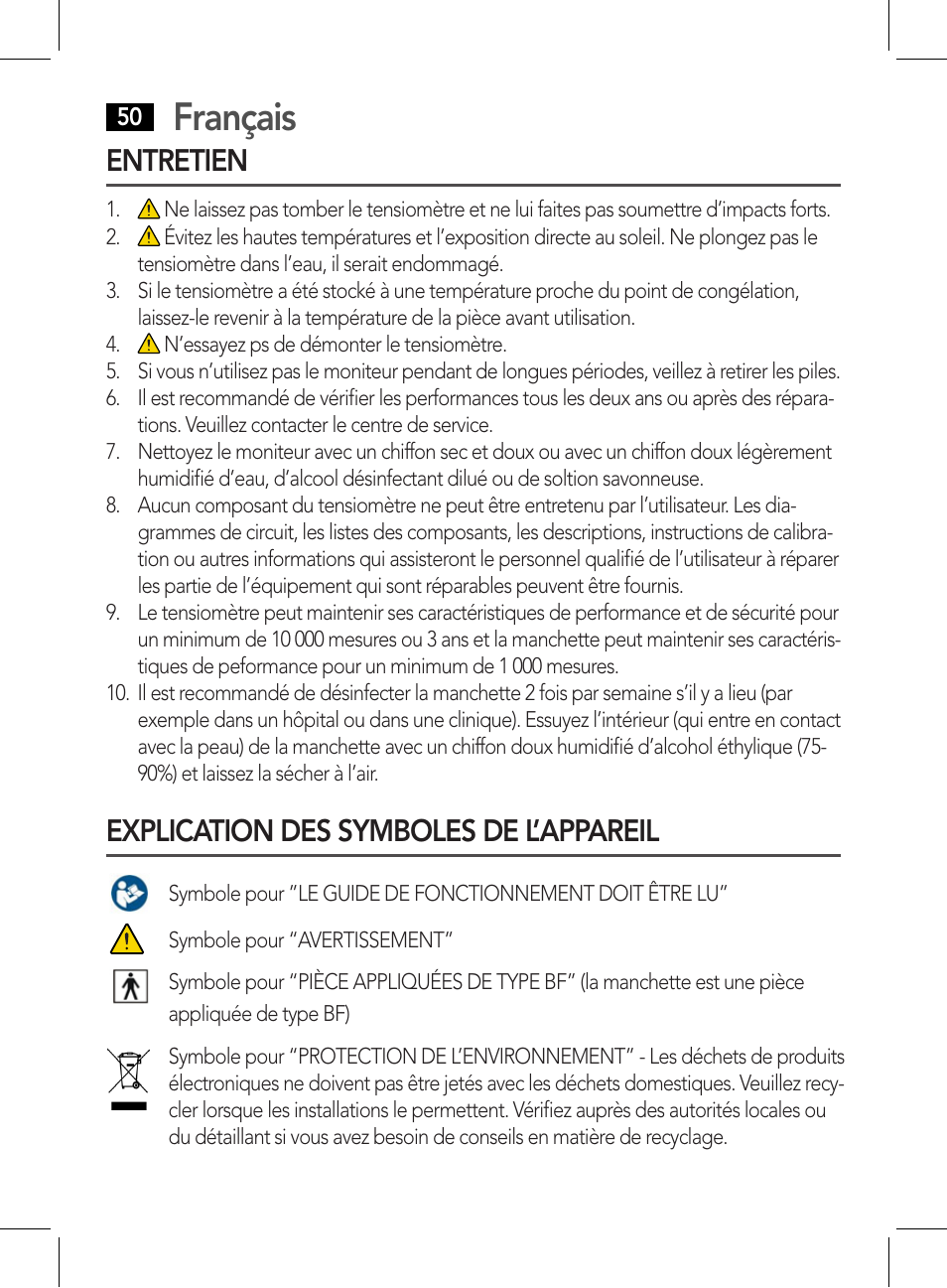 Entretien, Français, Explication des symboles de l’appareil | AEG BMG 5612 User Manual | Page 50 / 166