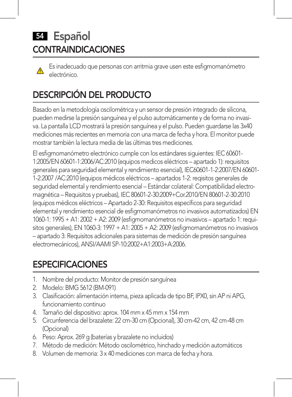 Español, Contraindicaciones, Descripción del producto | Especificaciones | AEG BMG 5612 User Manual | Page 54 / 166