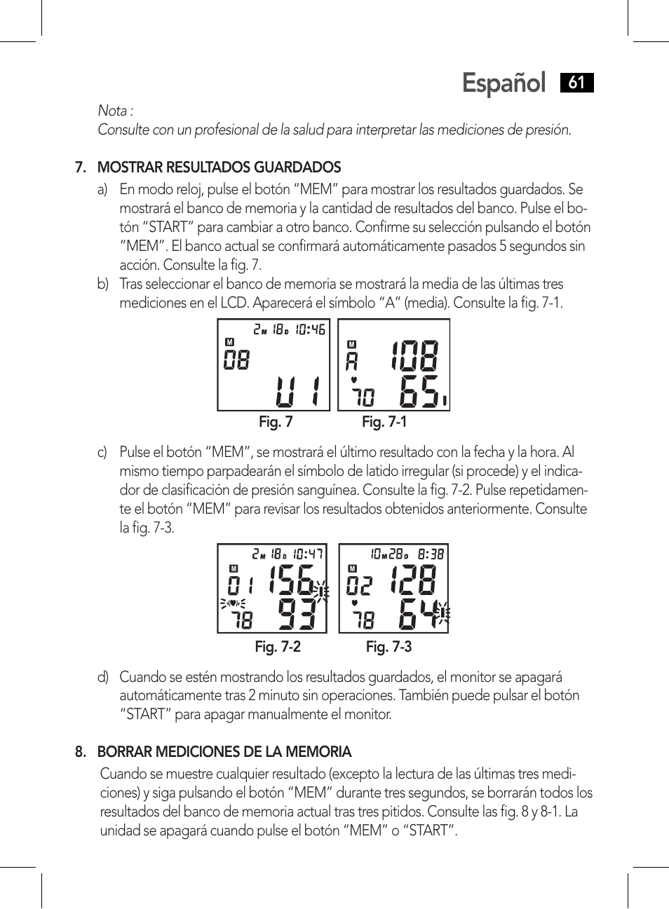 Borrar mediciones de la memoria, Español | AEG BMG 5612 User Manual | Page 61 / 166