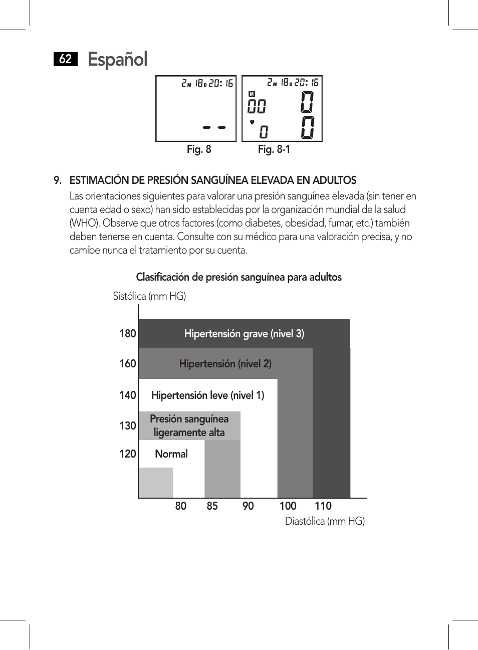 Estimación de presión sanguínea elevada en adultos, Español | AEG BMG 5612 User Manual | Page 62 / 166