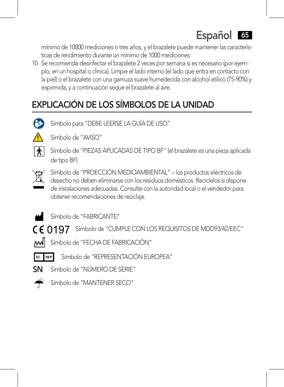 Explicación de los símbolos de la unidad, Español | AEG BMG 5612 User Manual | Page 65 / 166